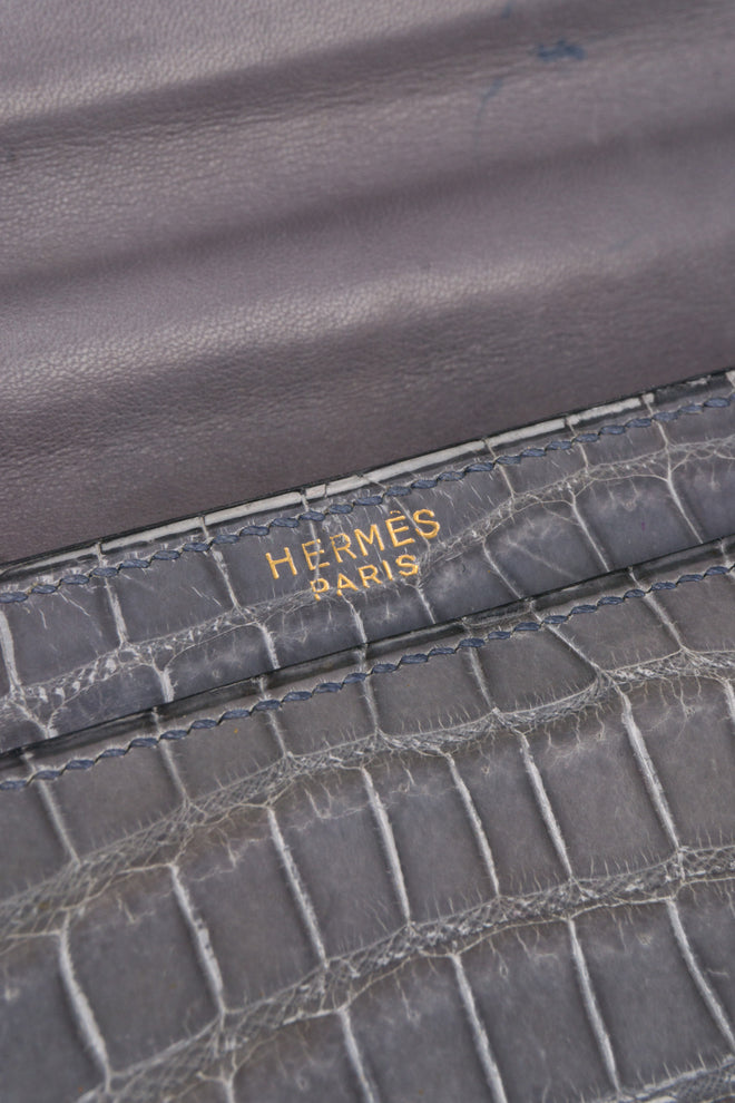 Hermès 1950s Elephant Grey Shiny Porosus Crocodile Demi Lune Handbag
