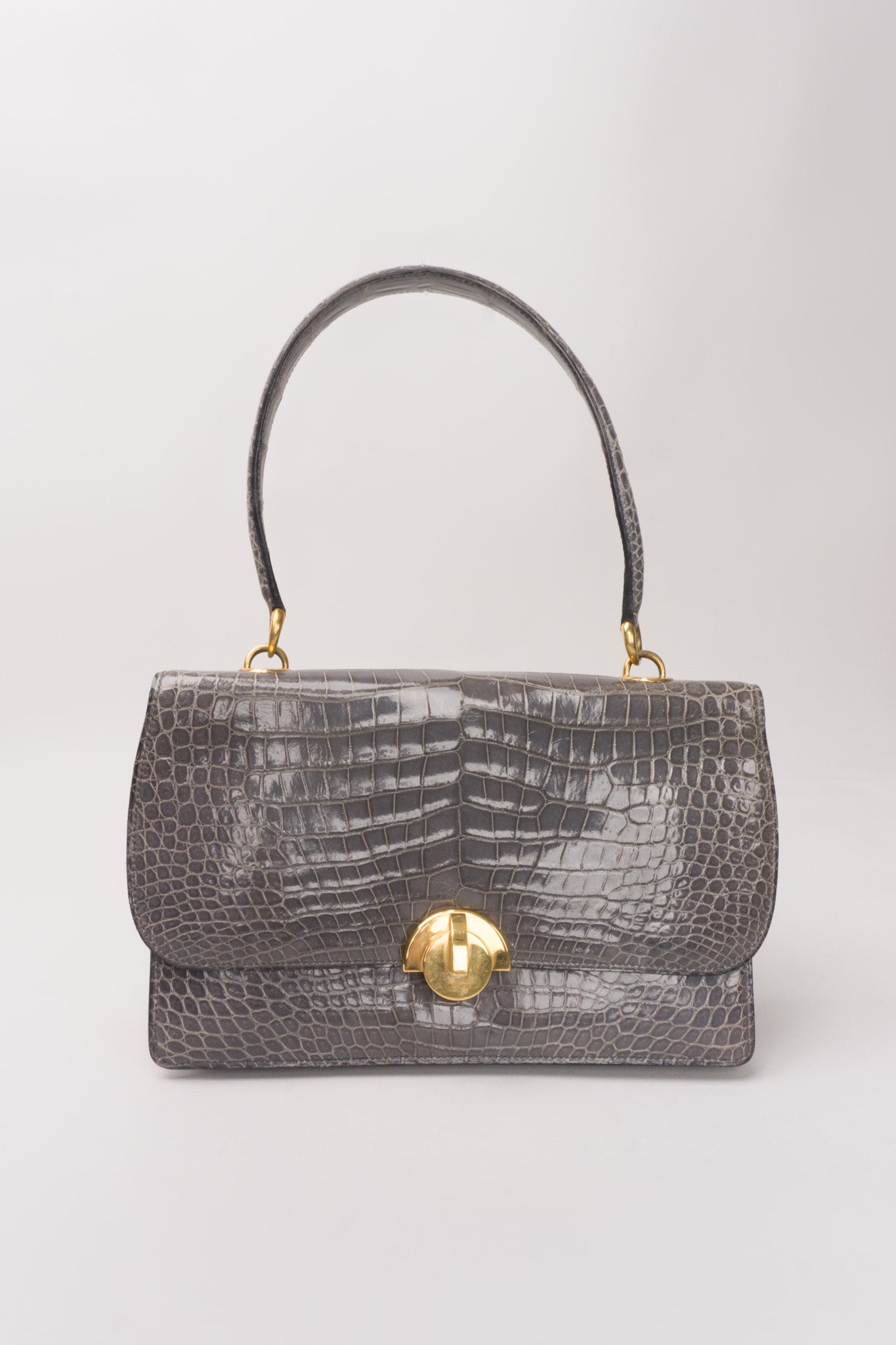 Hermès 1950s Elephant Grey Shiny Porosus Crocodile Demi Lune Handbag