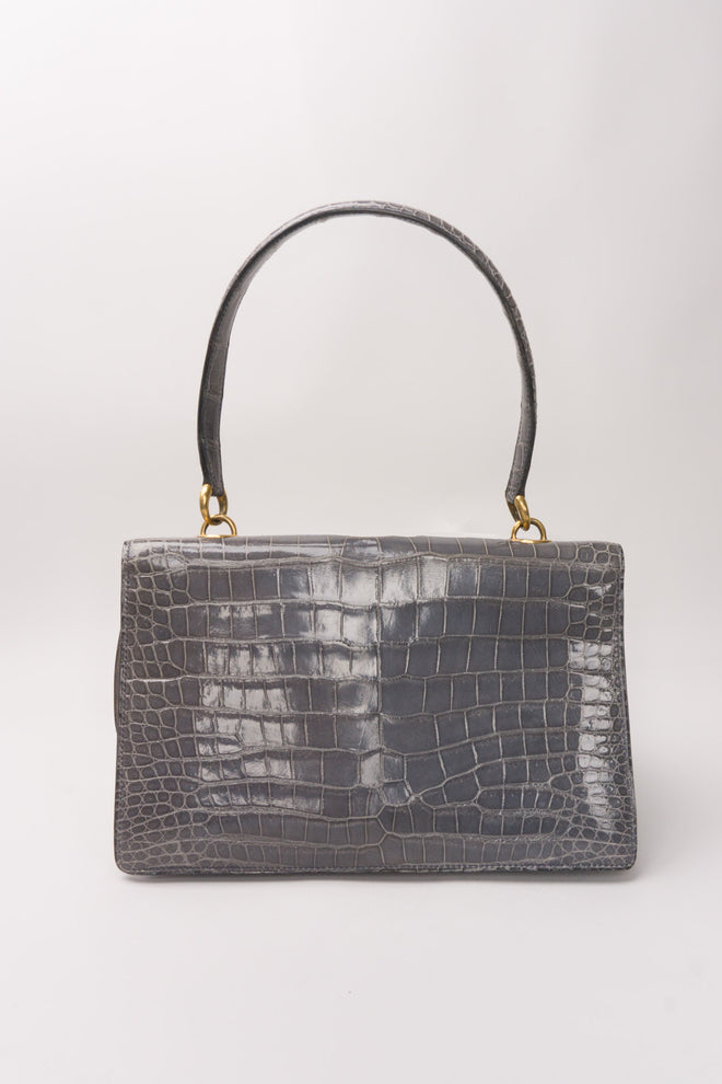 Hermès 1950s Elephant Grey Shiny Porosus Crocodile Demi Lune Handbag