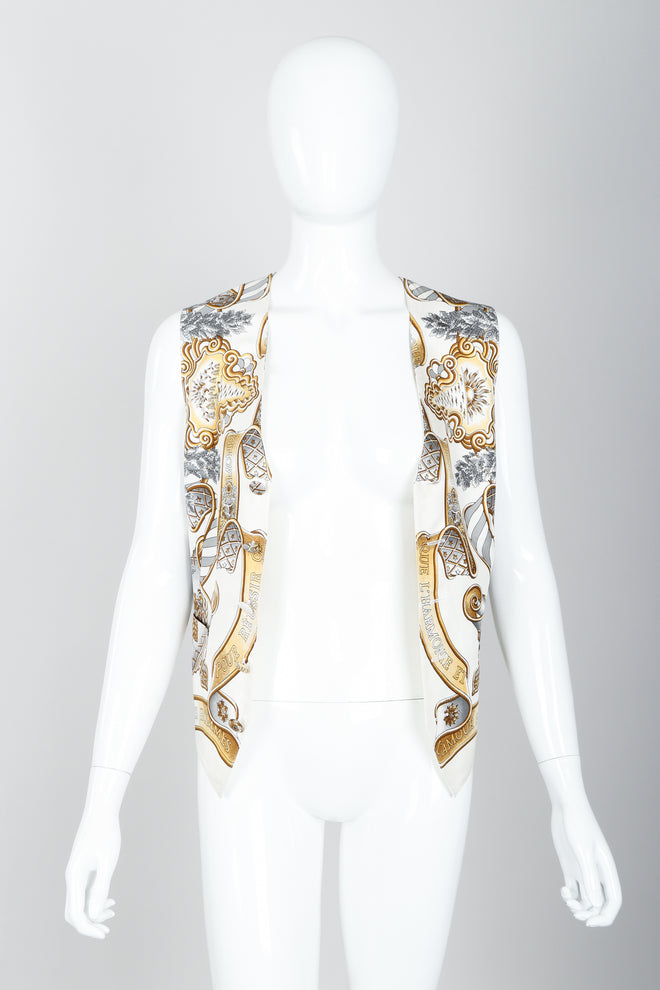 Vintage Hermes Joachim Metz Europe Print Silk Vest on Mannequin open at Recess Los Angeles