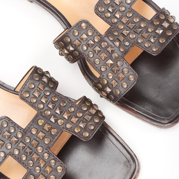 Vintage Hermes Studded Leather Oran H Slide Sandals Recess