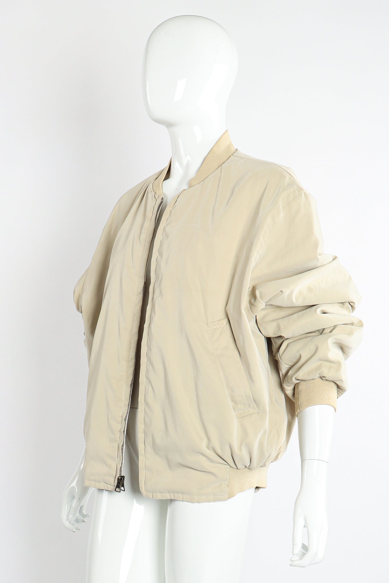Vintage Hermés Motor Club Silk Print Bomber Jacket on Mannequin side reverse at Recess LA