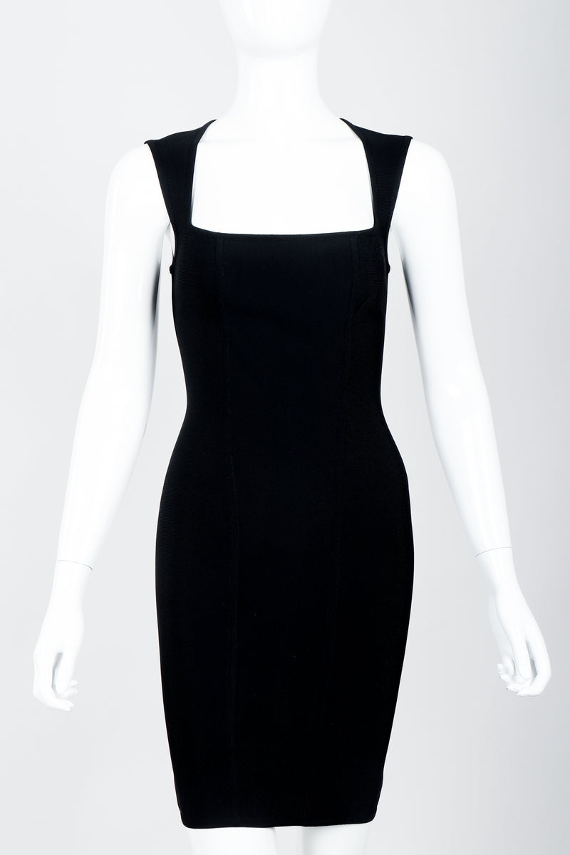 Vintage Herve Leger Queen Anne Bodycon Stretch Cocktail Dress on Mannequin front crop at Recess