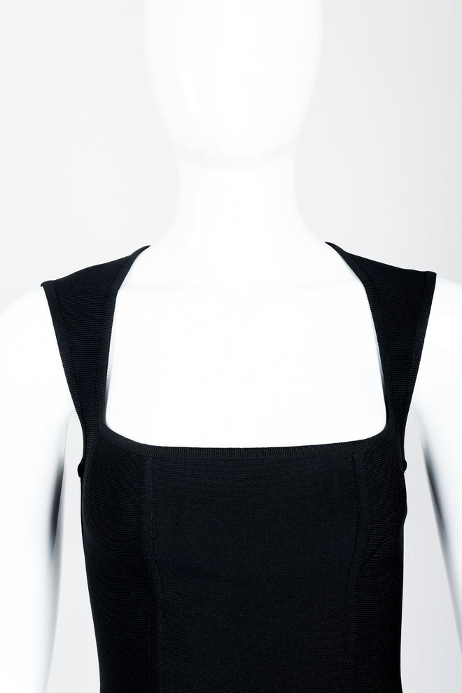 Vintage Herve Leger Bodycon Stretch Cocktail Dress on Mannequin queen anne neckline
