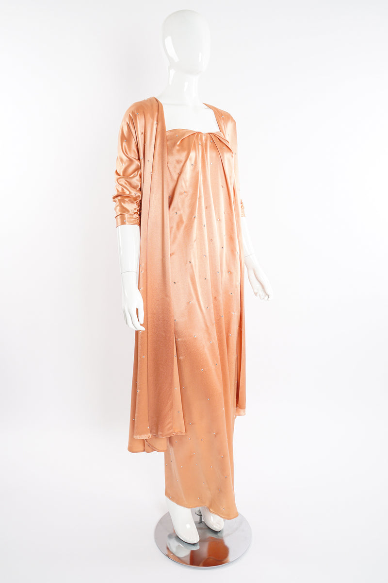 Vintage Holly's Harp Peach Satin Duster & Dress Set on Mannequin angle at Recess Los Angeles