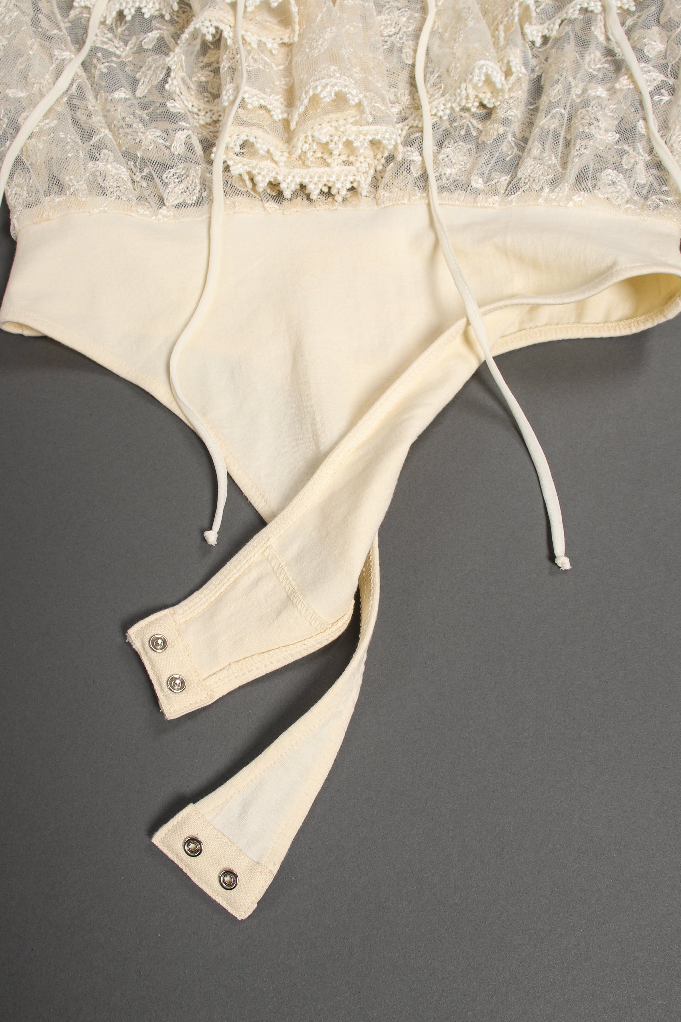 Vintage I.Magnin Sheer Lace Jabot Bodysuit crotch at Recess Los Angeles