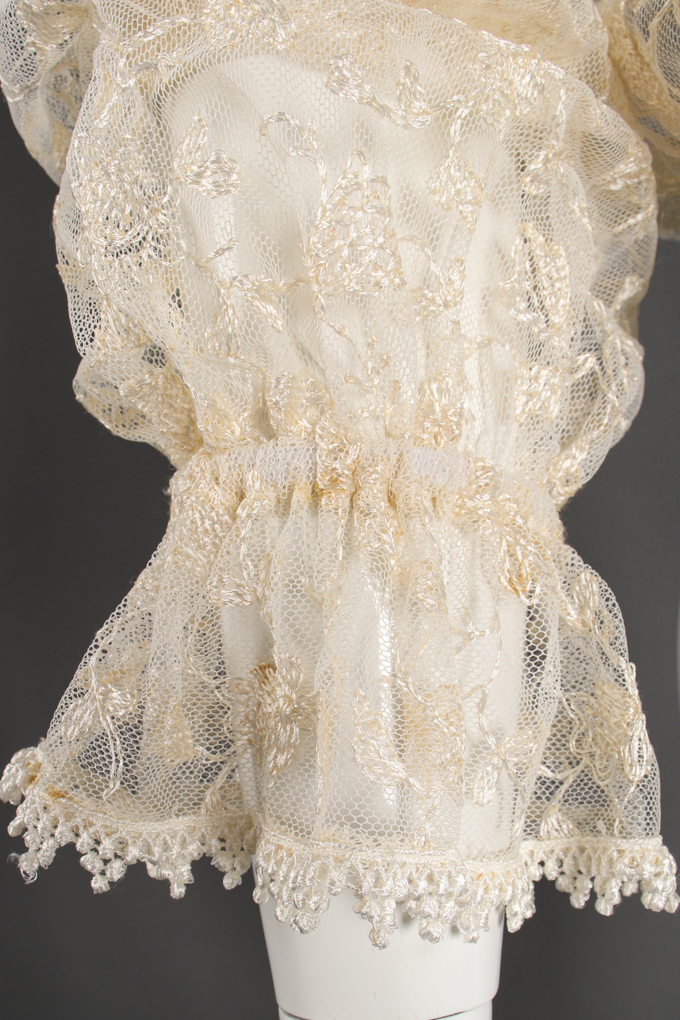 Vintage I.Magnin Sheer Lace Jabot Bodysuit on Mannequin sleeve cuff at Recess Los Angeles
