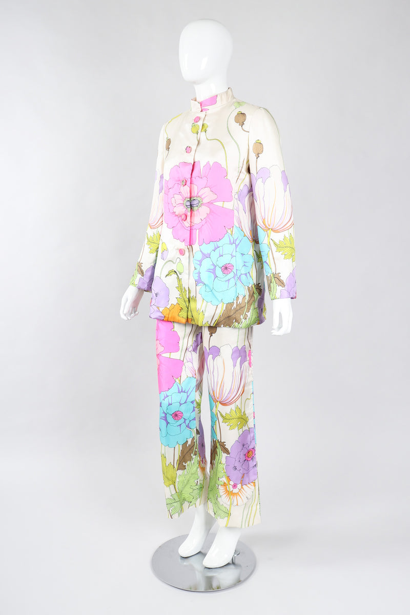 Recess Los Angeles Vintage B.H. Wragge I.Magnin Floral Print Silk Pajama Jacket & Pant Suit Wedding Spring Bridal Set