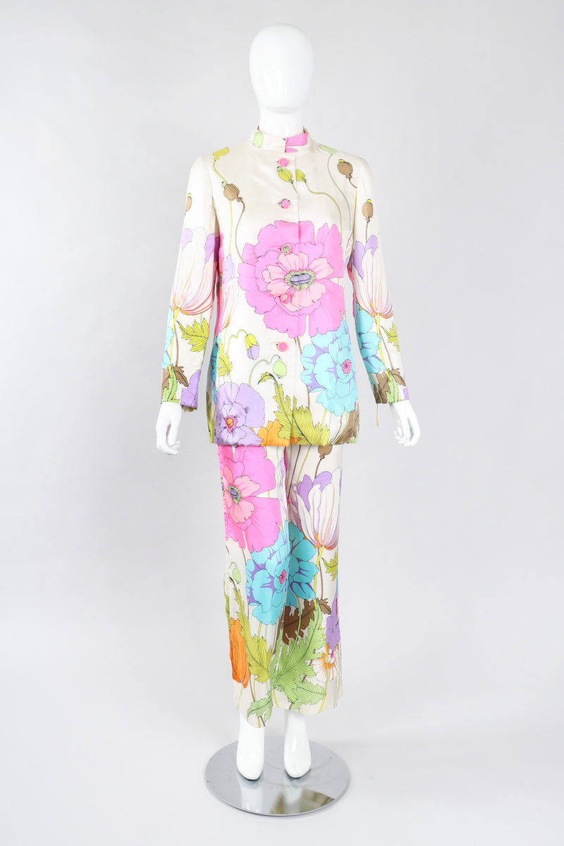 Recess Los Angeles Vintage B.H. Wragge I.Magnin Floral Print Silk Pajama Jacket & Pant Suit Wedding Spring Bridal Set