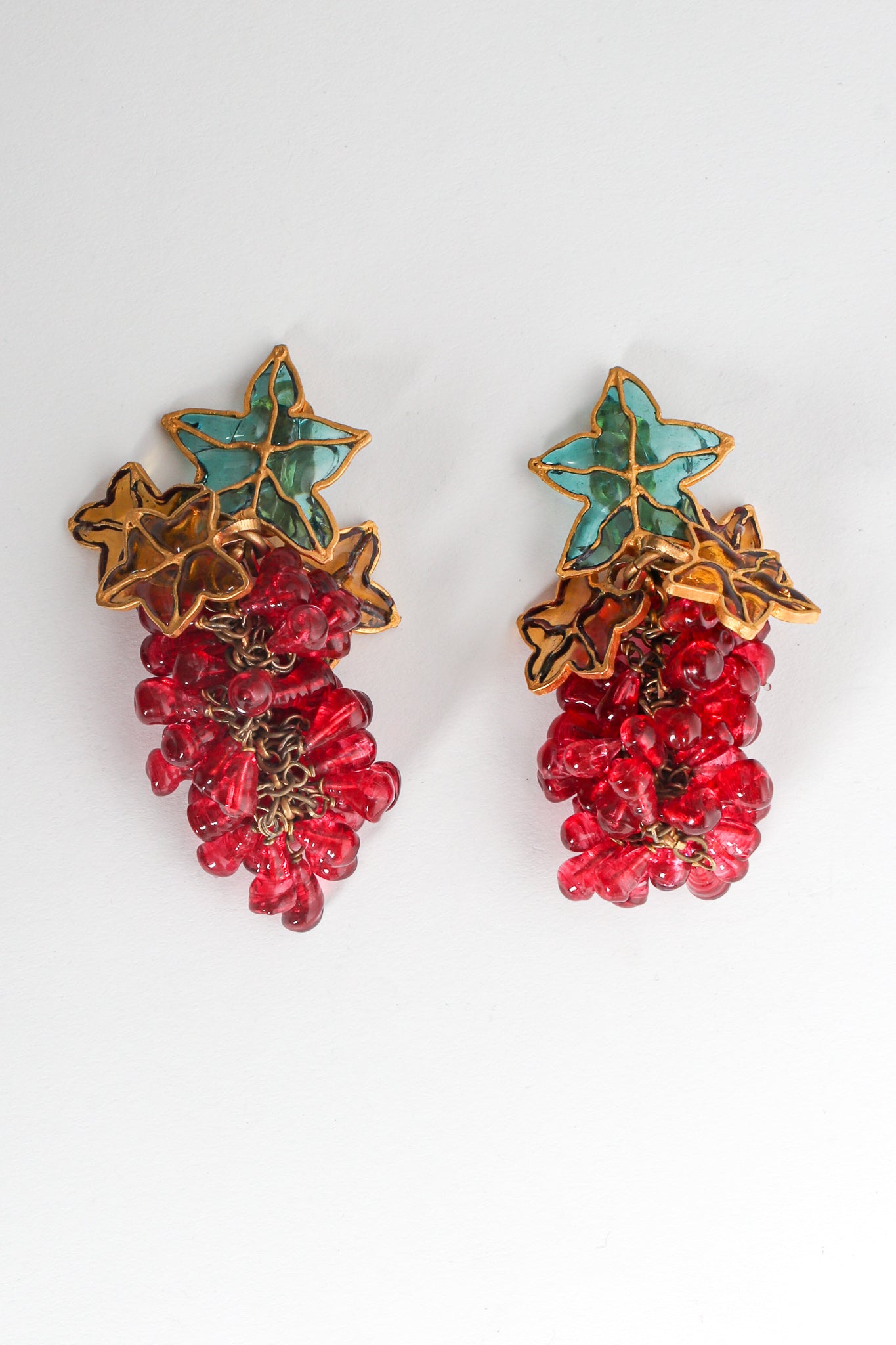 Vintage Leaf Cluster Glass Bead Earrings flat front @ Recess LA