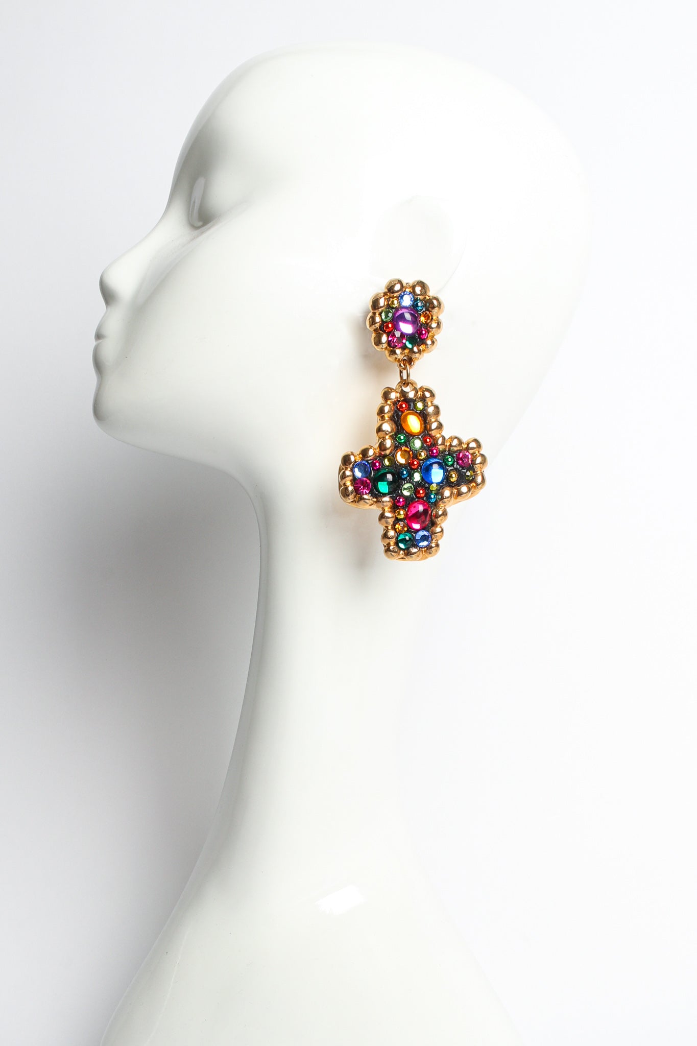 Vintage Jacky De G Rainbow Cross Drop Earrings on mannequin @ Recess Los Angeles