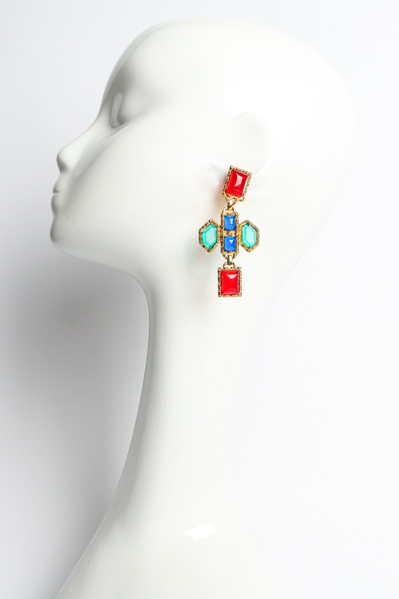 Vintage Yves Saint Laurent Geo Jeweled Cross Dangle Earrings on mannequin @ Recess LA