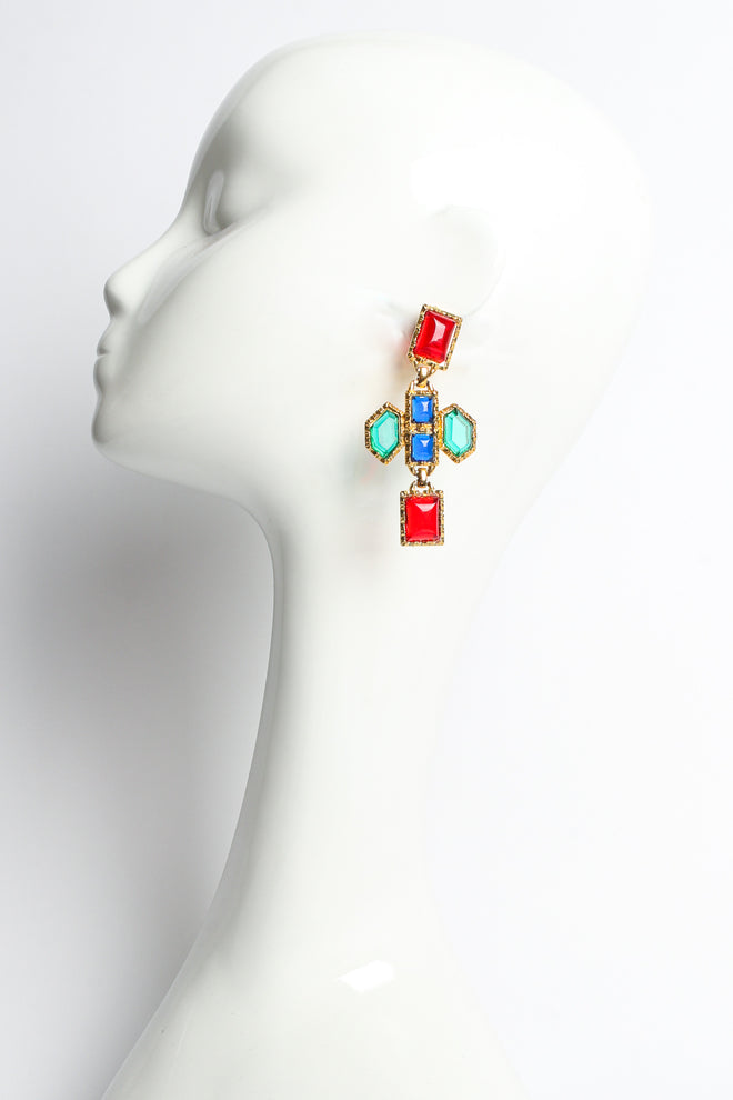 Vintage Yves Saint Laurent Geo Jeweled Cross Dangle Earrings on mannequin @ Recess LA