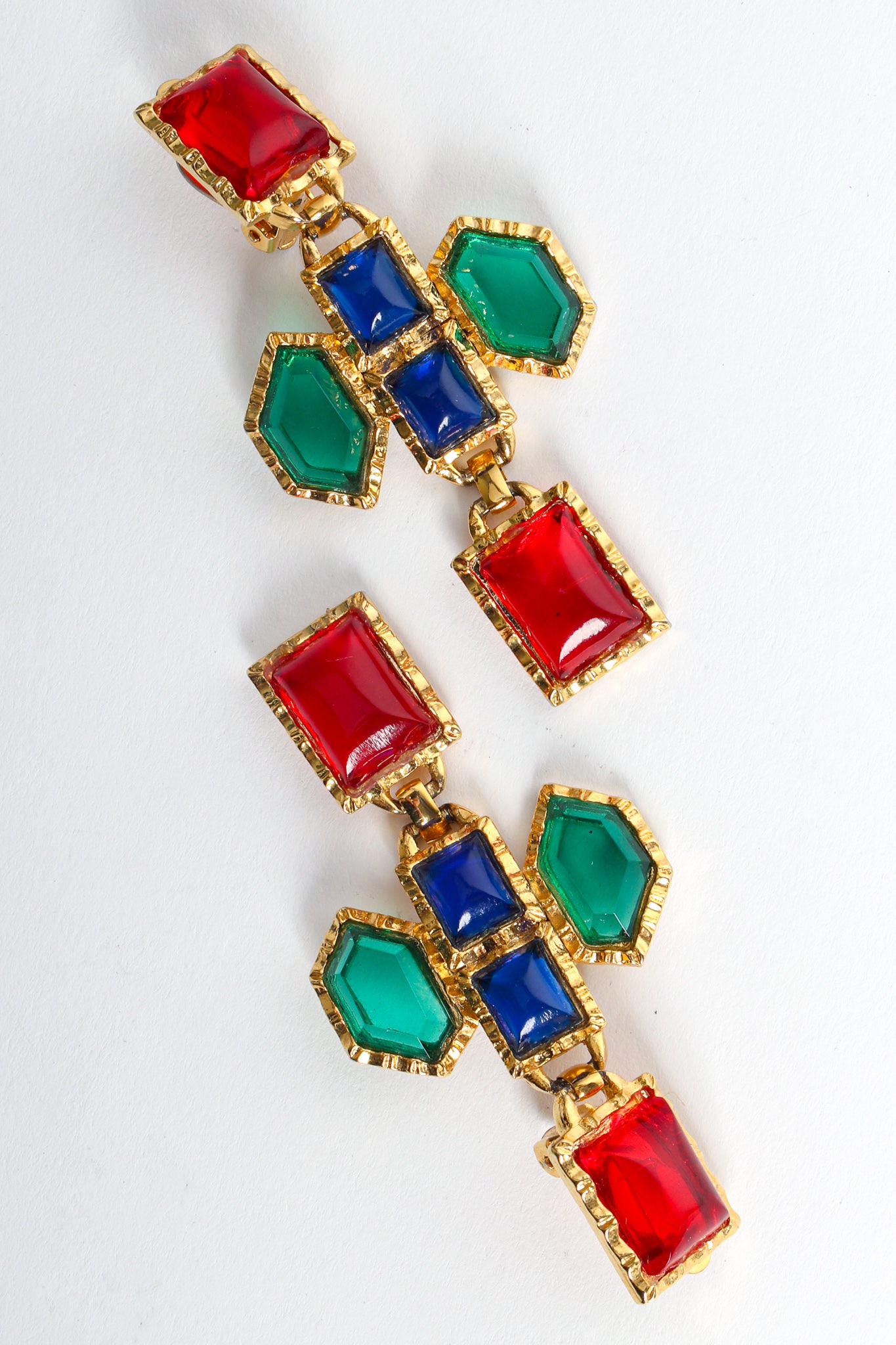 Vintage Yves Saint Laurent Geo Jeweled Cross Dangle Earrings diagonal flat  @ Recess LA