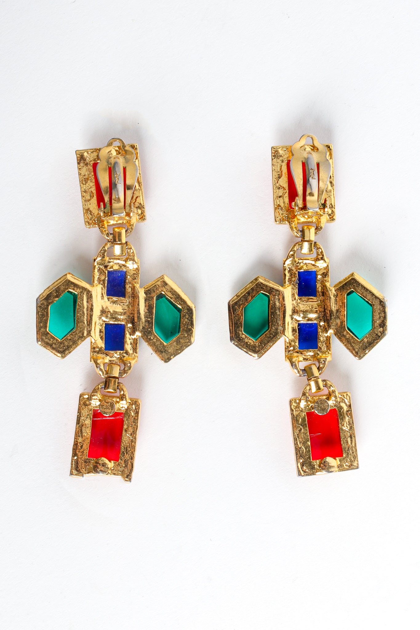 Vintage Yves Saint Laurent Geo Jeweled Cross Dangle Earrings back @ Recess LA