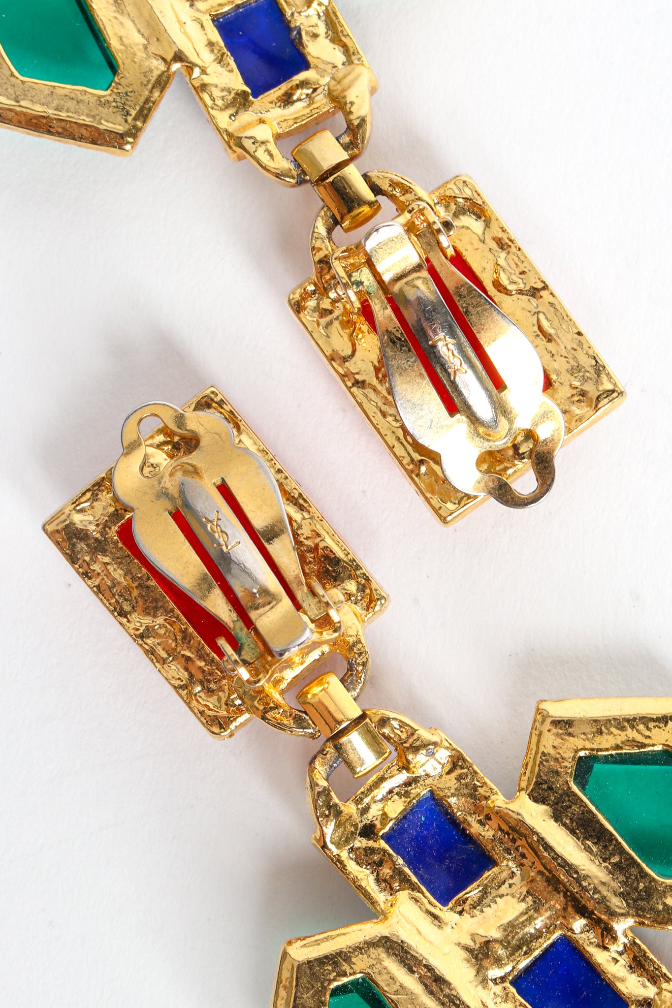 Vintage Yves Saint Laurent Geo Jeweled Cross Dangle Earrings signed @ Recess LA