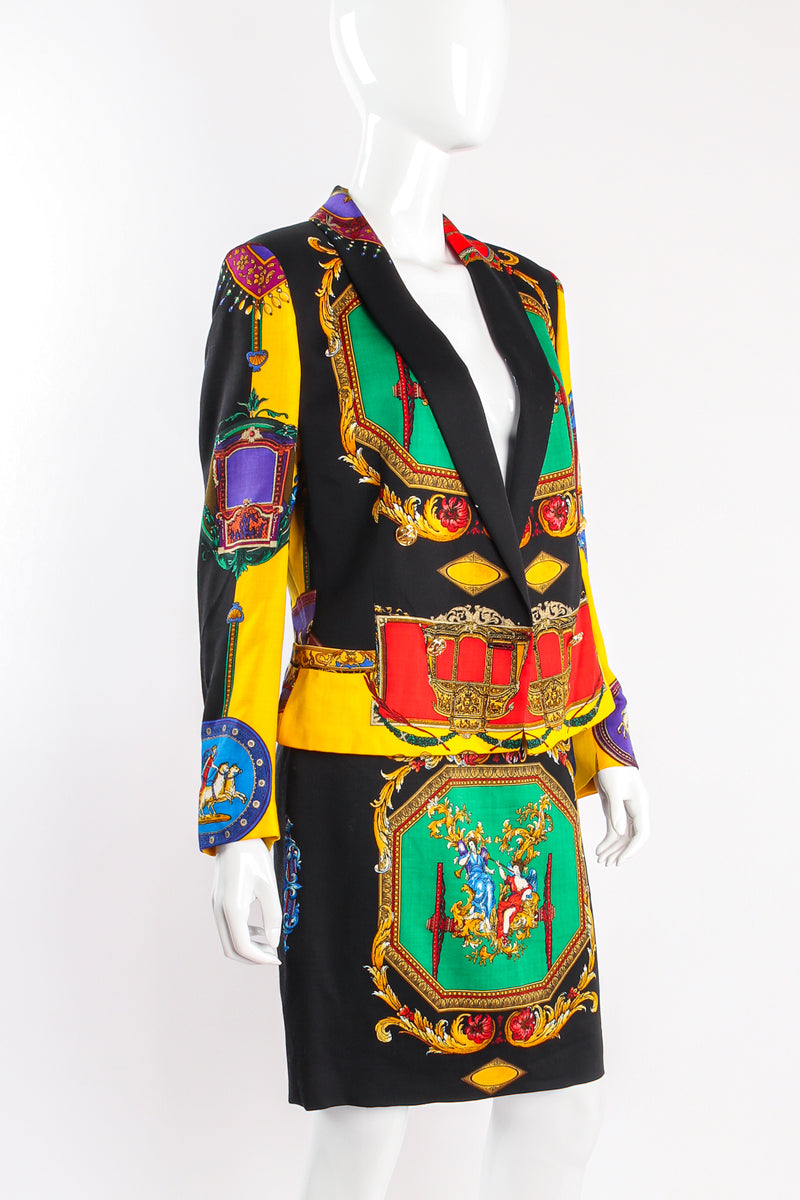 Vintage Istante Versace Rainbow Baroque Print Jacket & Skirt Suit on mannequin crop at Recess LA