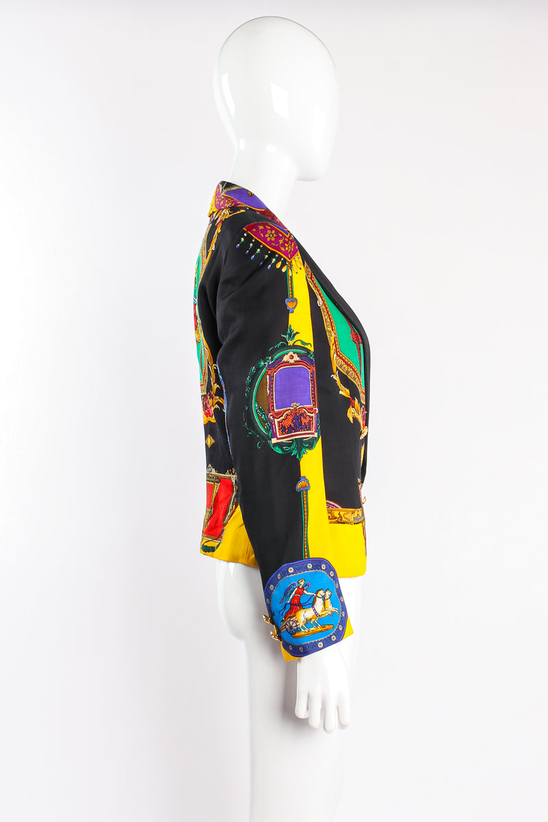 Vintage Istante Versace Rainbow Baroque Print Jacket Suit on mannequin side at Recess LA