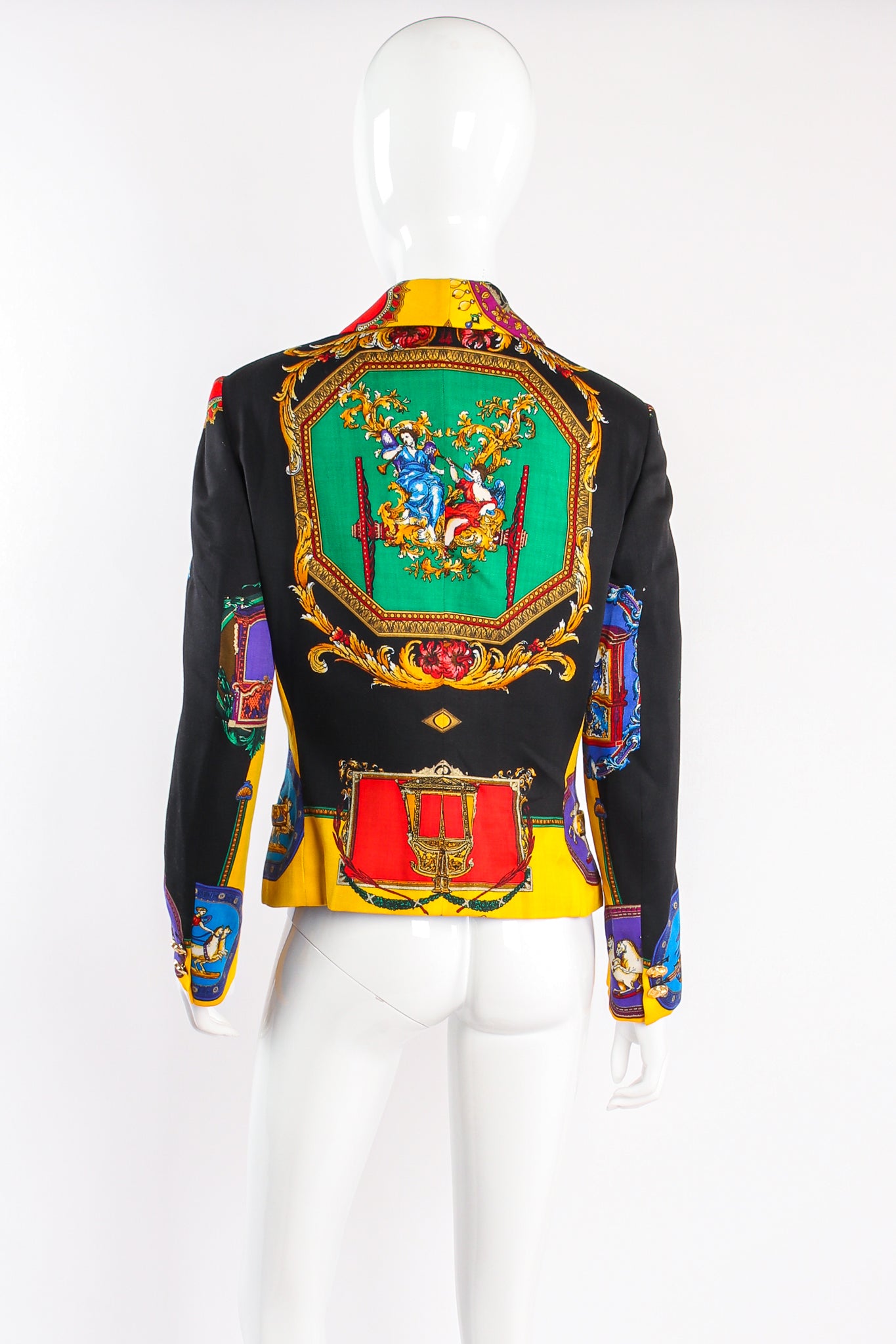 Vintage Istante Versace Rainbow Baroque Print Jacket Suit on mannequin back at Recess LA
