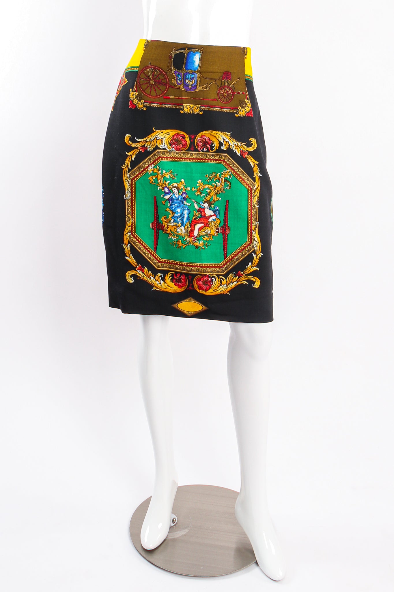 Vintage Istante Versace Rainbow Baroque Print Skirt Suit on mannequin front at Recess LA