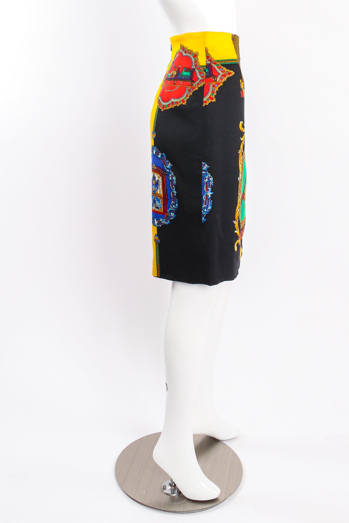 Vintage Istante Versace Rainbow Baroque Print Skirt Suit on mannequin side at Recess LA