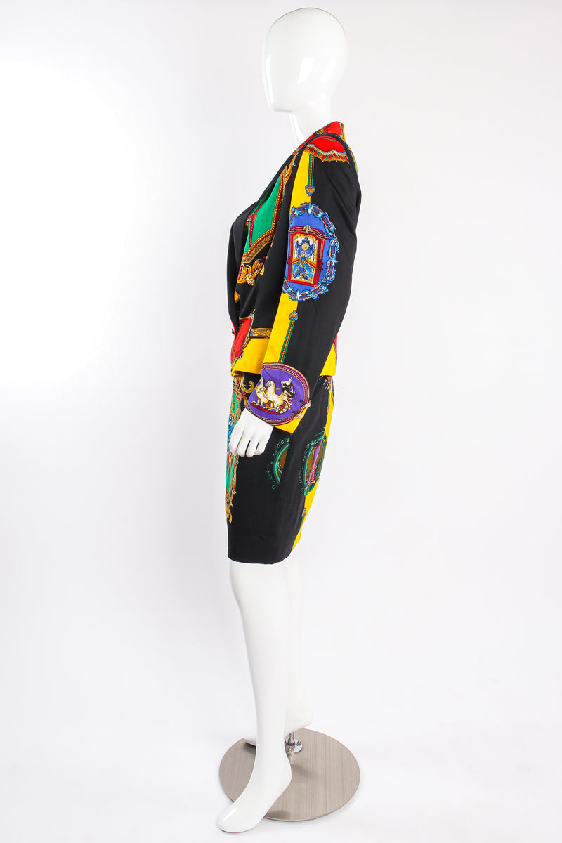 Vintage Istante Versace Rainbow Baroque Print Jacket & Skirt Suit on mannequin side at Recess LA
