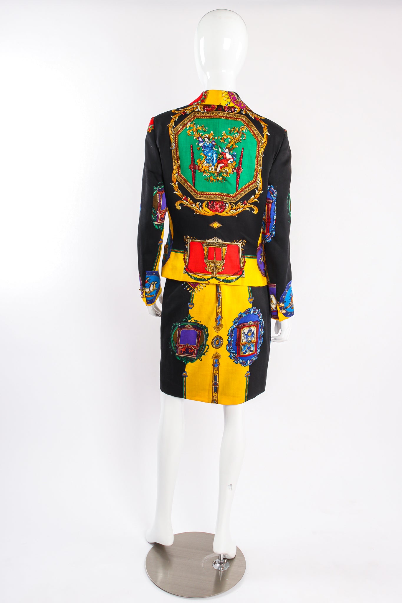 Vintage Istante Versace Rainbow Baroque Print Jacket & Skirt Suit on mannequin back at Recess LA