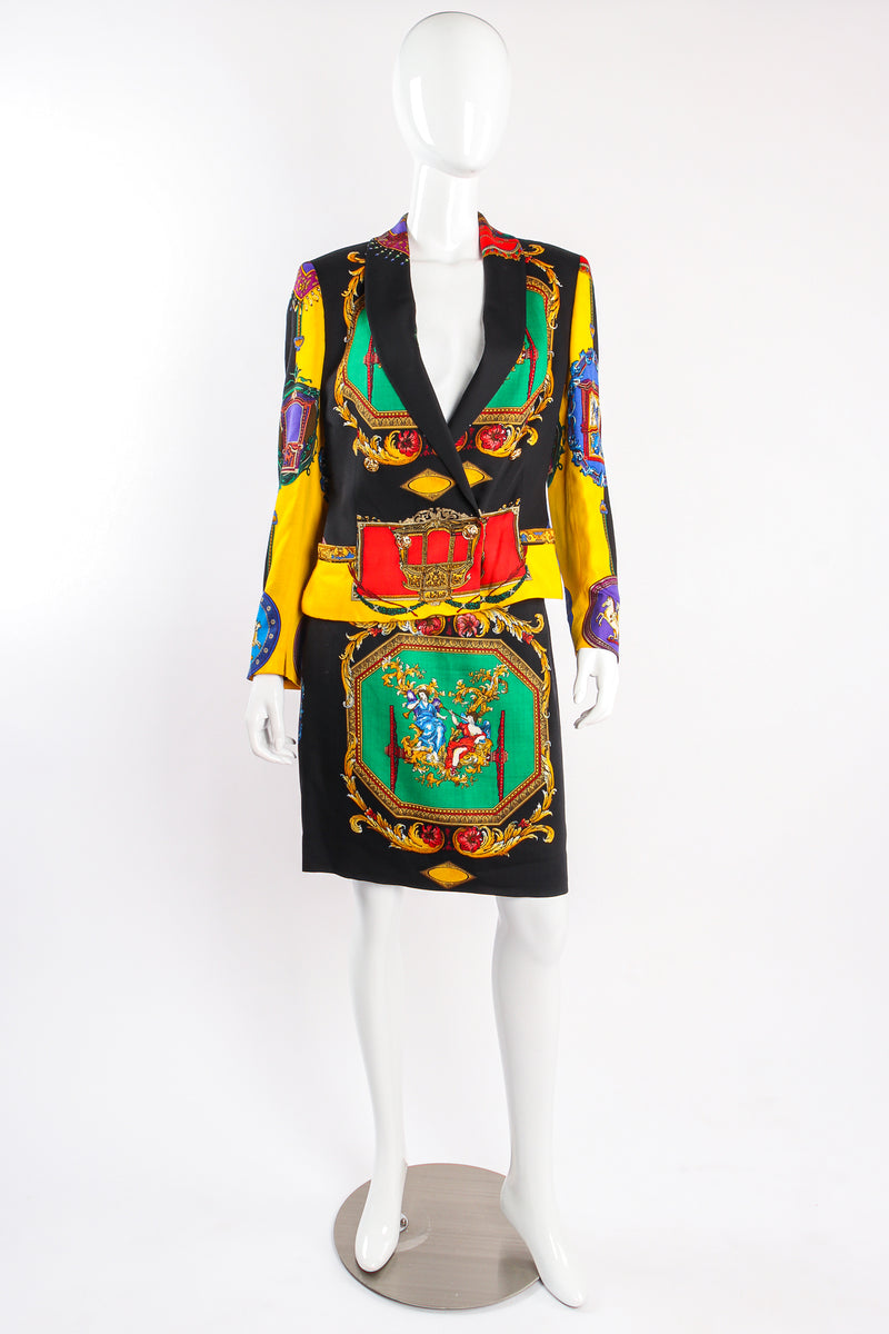 Vintage Istante Versace Rainbow Baroque Print Jacket & Skirt Suit on mannequin front at Recess LA