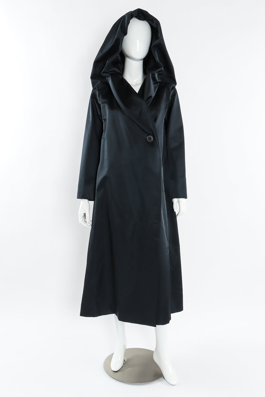 Vintage Issey Miyake Hooded Satin Overcoat mannequin front with hood @ Recess LA