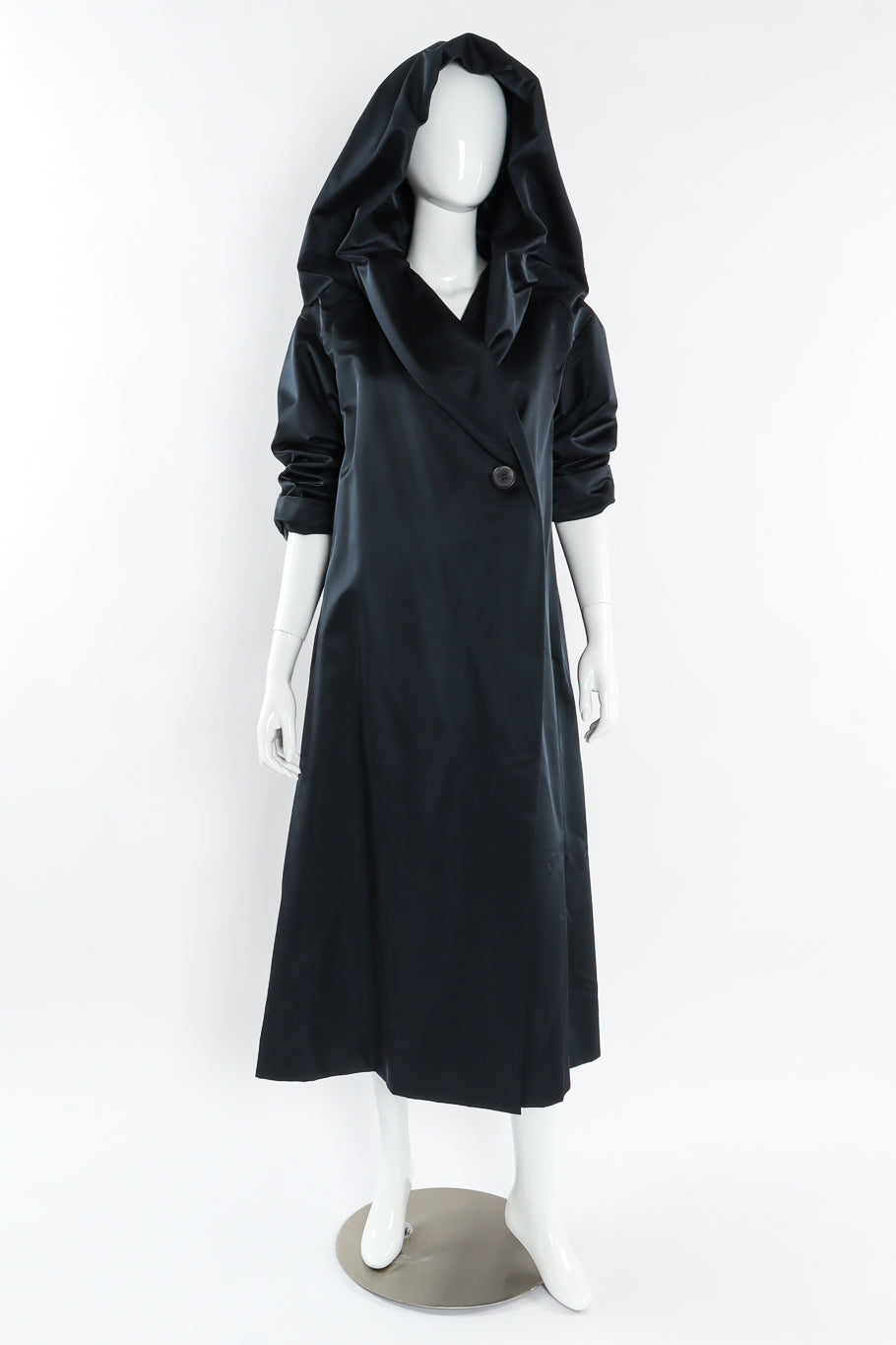 Vintage Issey Miyake Hooded Satin Overcoat mannequin front sleeves rolled up @ Recess LA