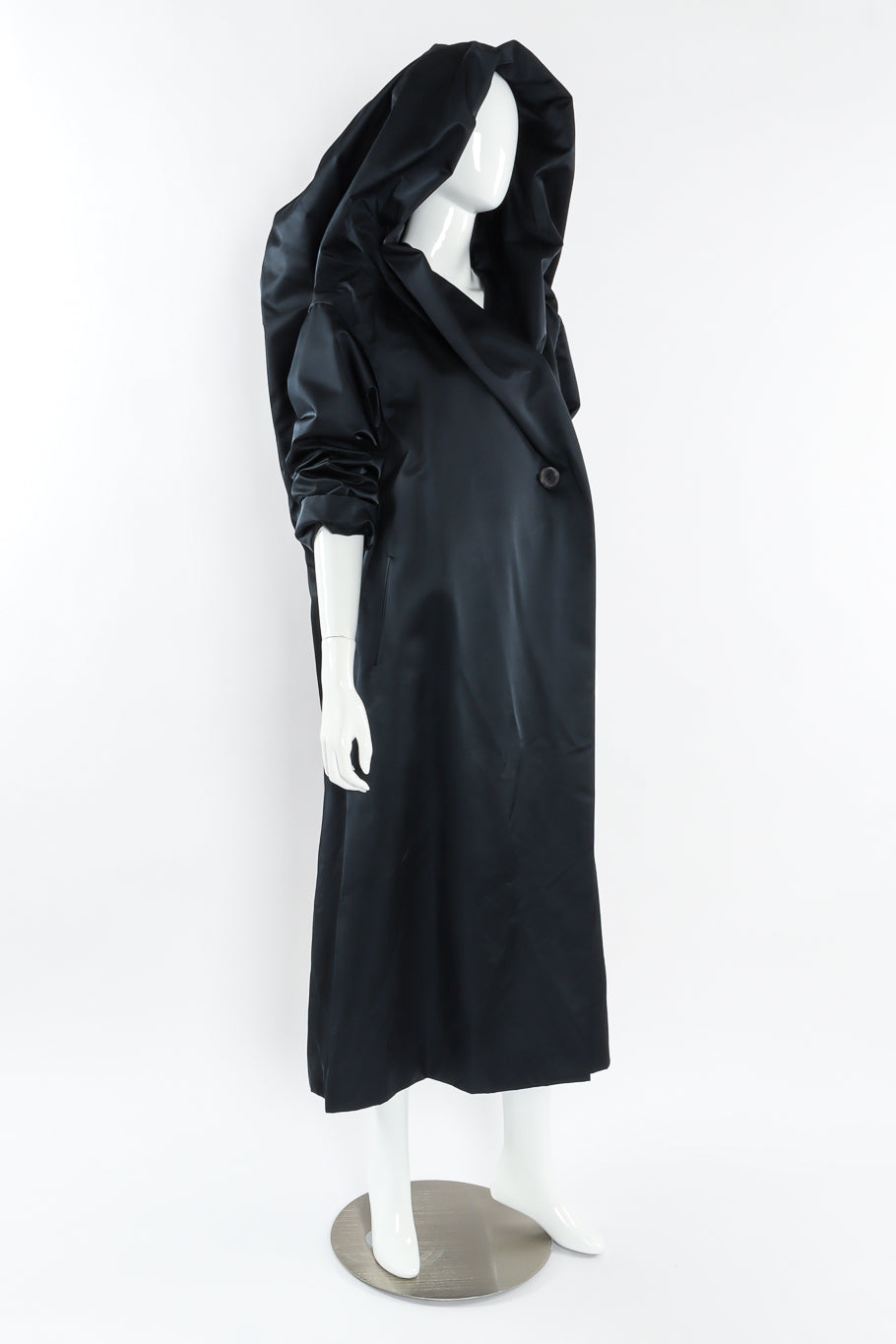 Vintage Issey Miyake Hooded Satin Overcoat mannequin front angle @ Recess LA