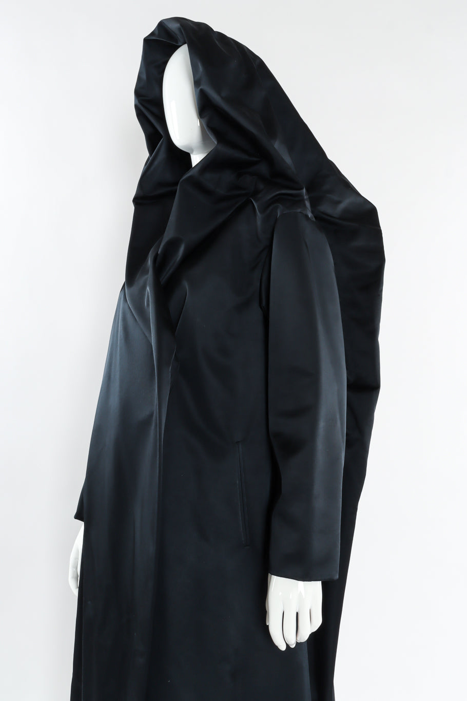 Vintage Issey Miyake Hooded Satin Overcoat mannequin angle close angle  @ Recess LA