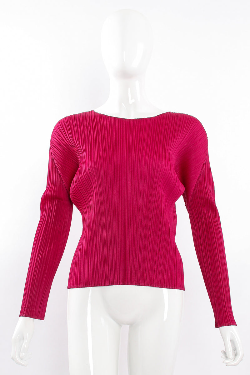 Vintage Issey Miyake Pleats Please Raspberry Pleated Scoopneck Top on Mannequin front at Recess LA