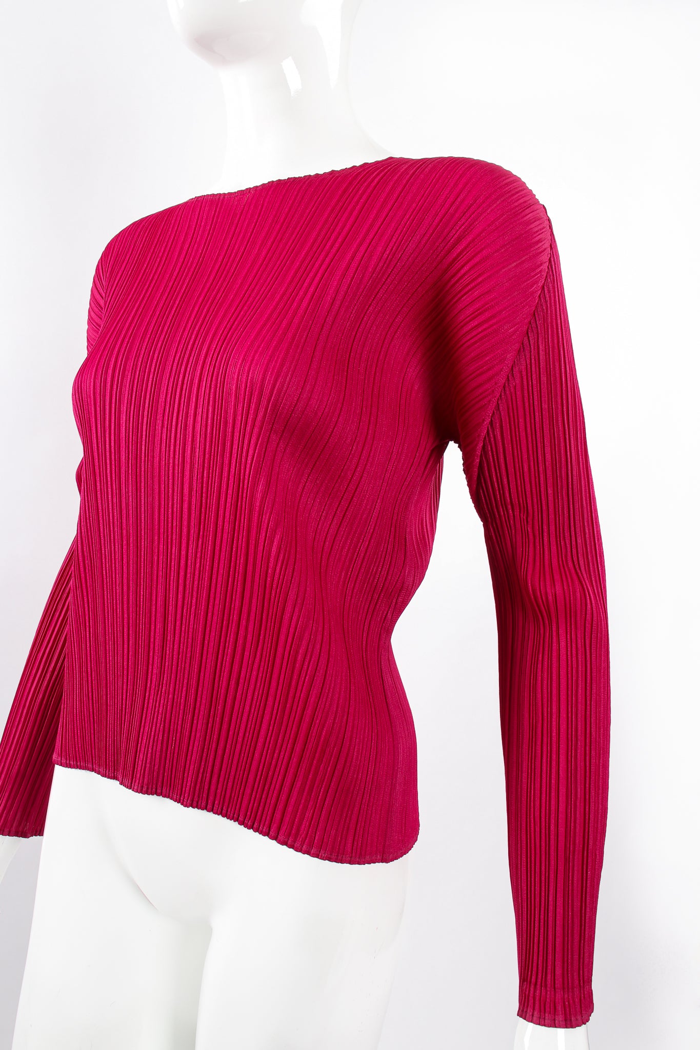 Vintage Issey Miyake Pleats Please Raspberry Pleated Scoopneck Top on Mannequin angle at Recess LA