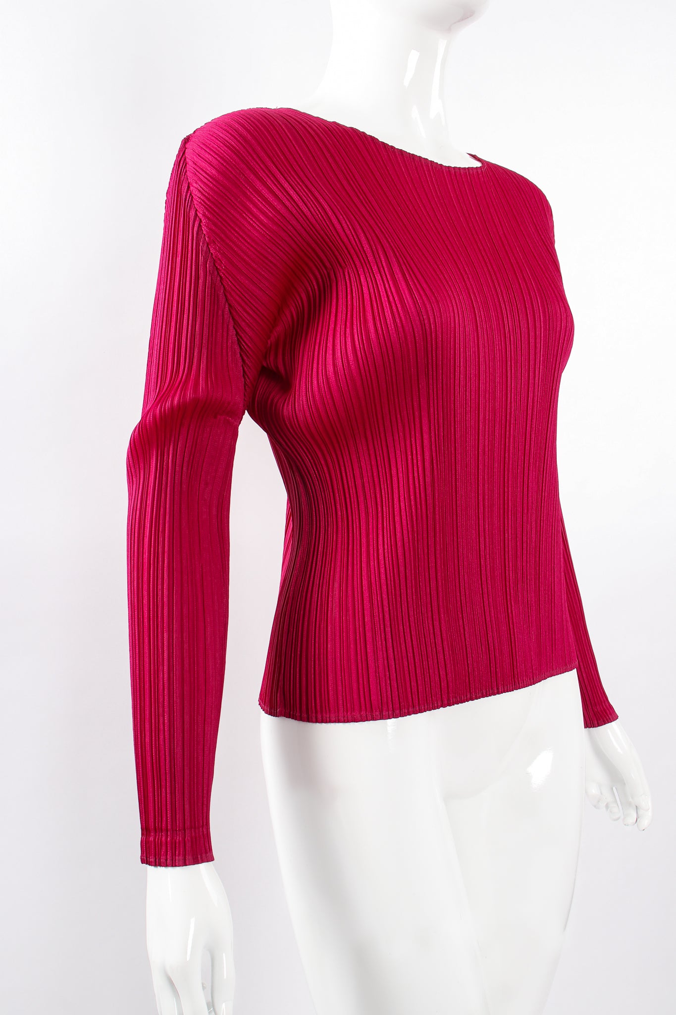 Vintage Issey Miyake Pleats Please Raspberry Pleated Scoopneck Top on Mannequin angle at Recess LA