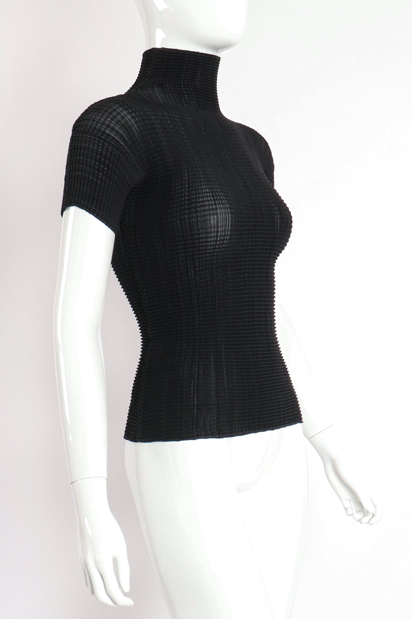 Vintage Issey Miyake Short Sleeve Pleated Turtleneck Top on Mannequin Angle at Recess Los Angeles