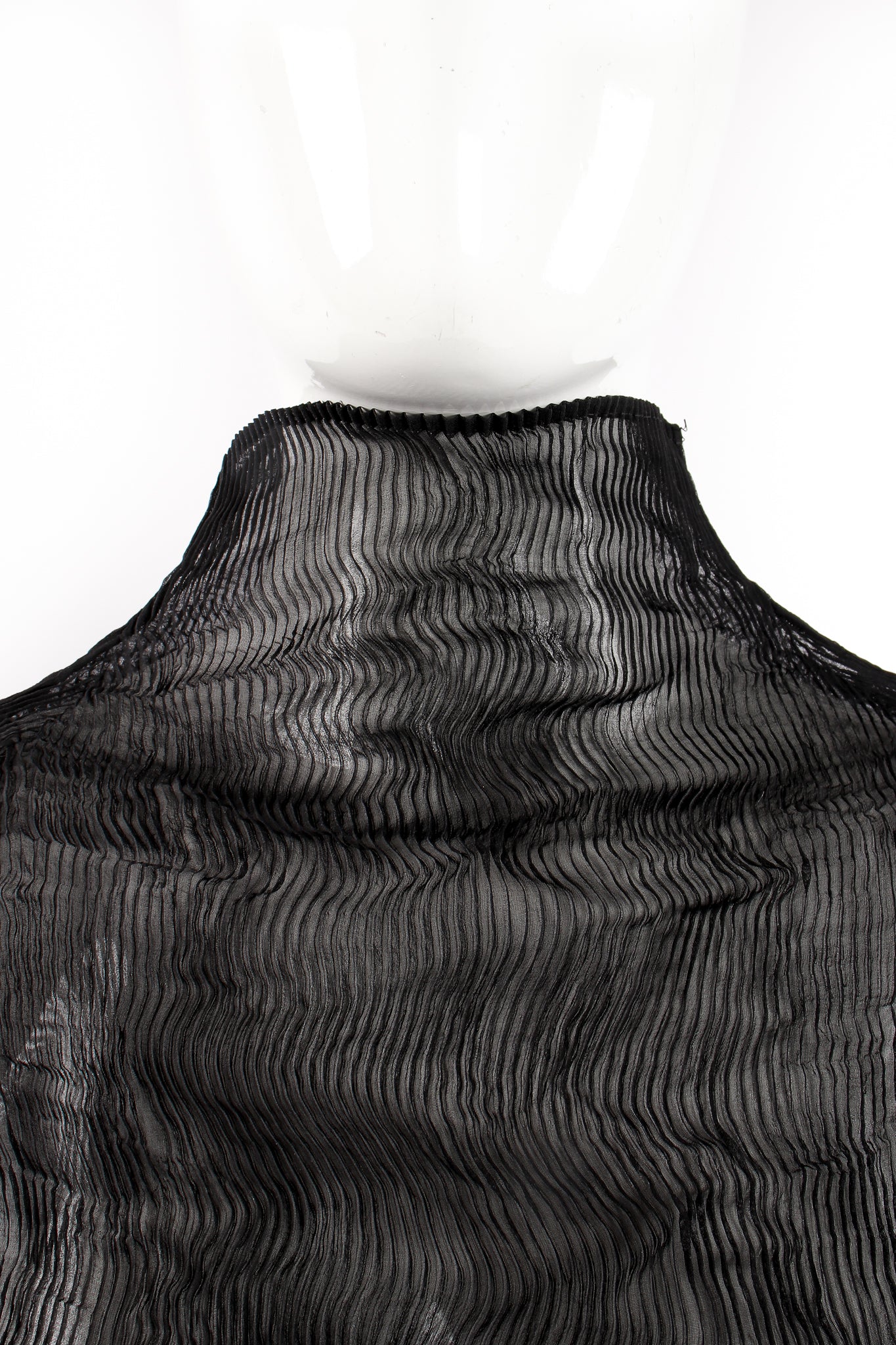 Vintage Issey Miyake Sheer Pleated Tissue Mockneck Top on Mannequin neckline at Recess LA