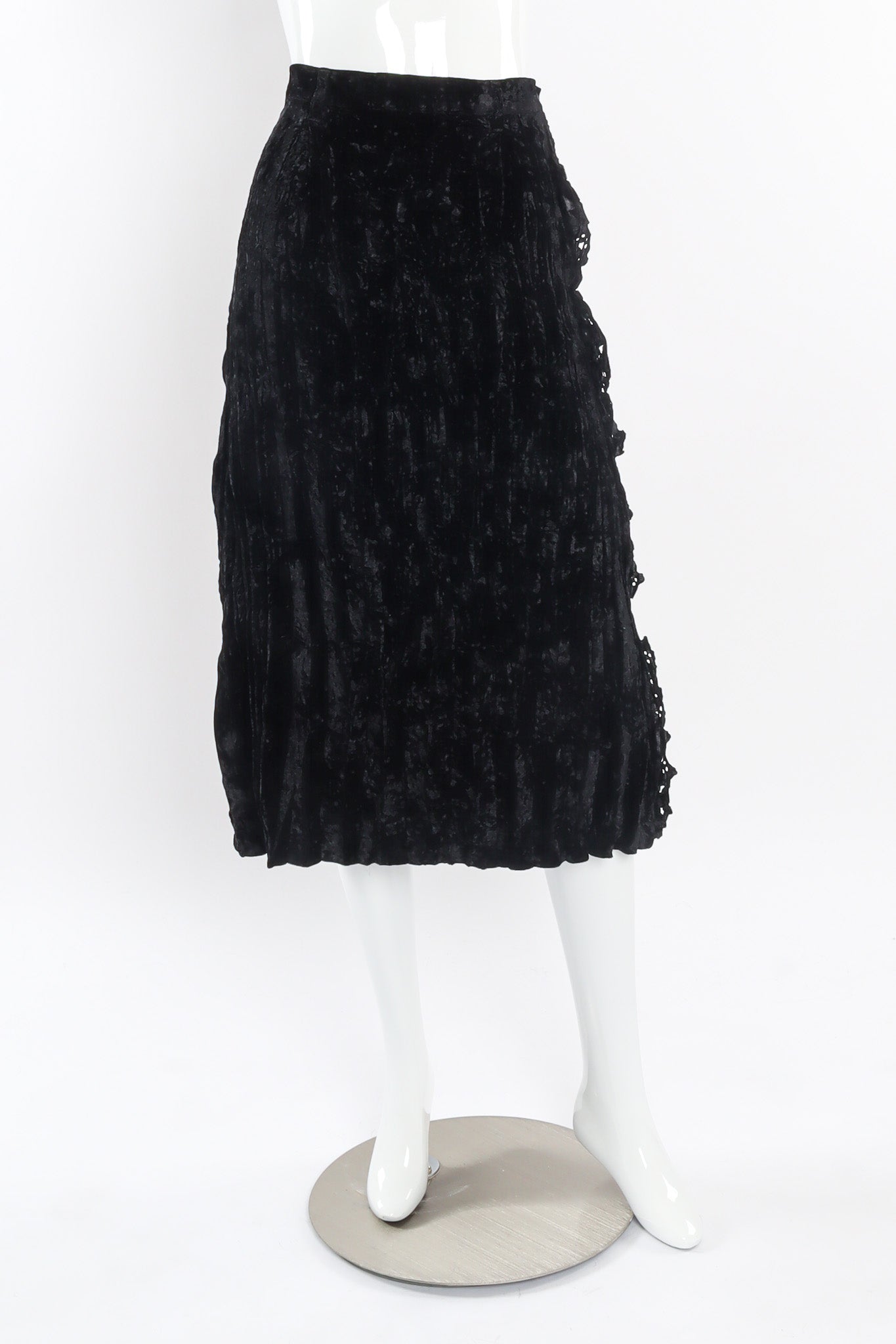 Crushed velvet midi skirt with eyelet lace by Issey Miyake Féte front view photo @recessla