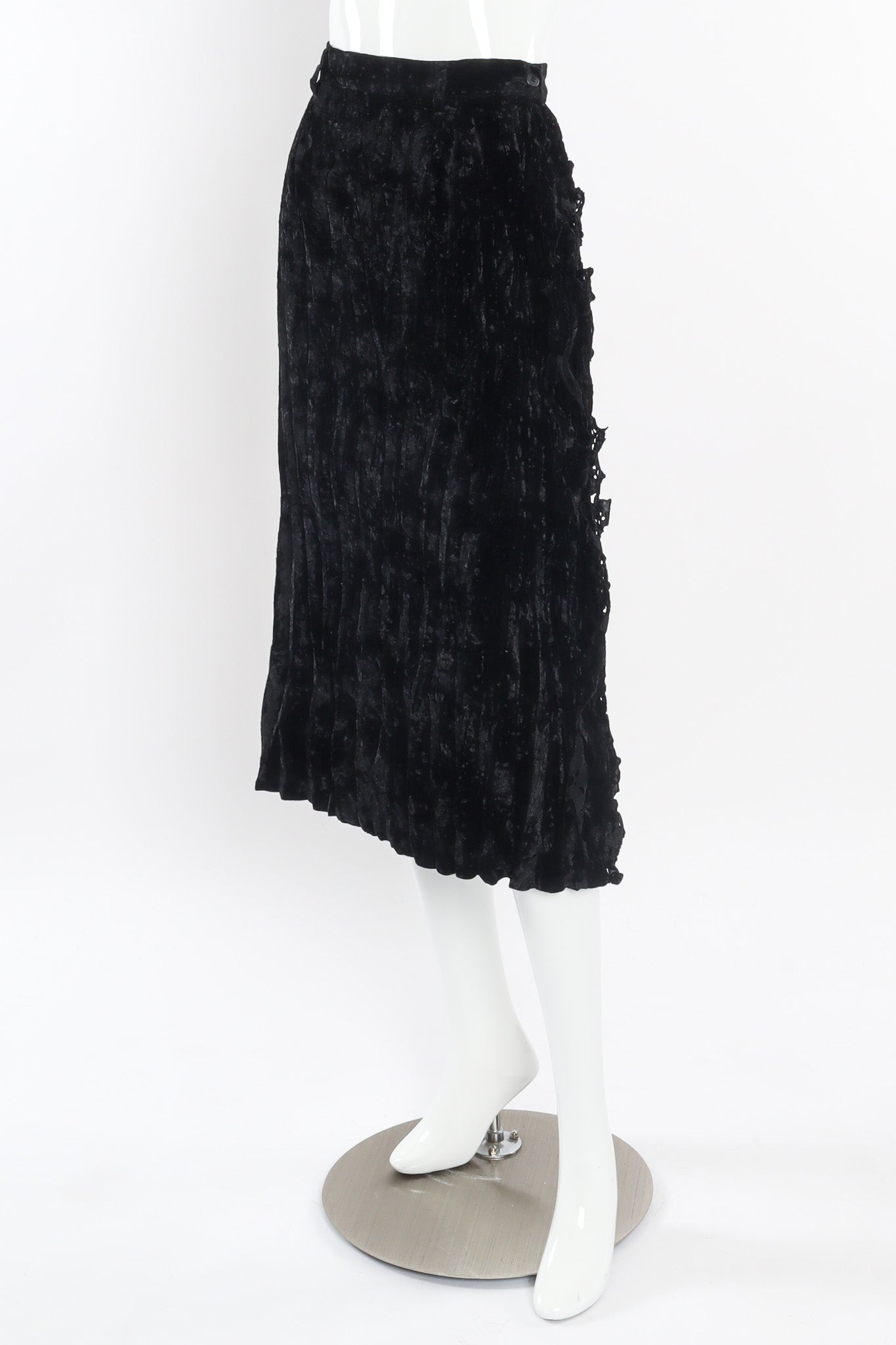 Crushed velvet midi skirt with eyelet lace by Issey Miyake Féte quarter view photo @recessla