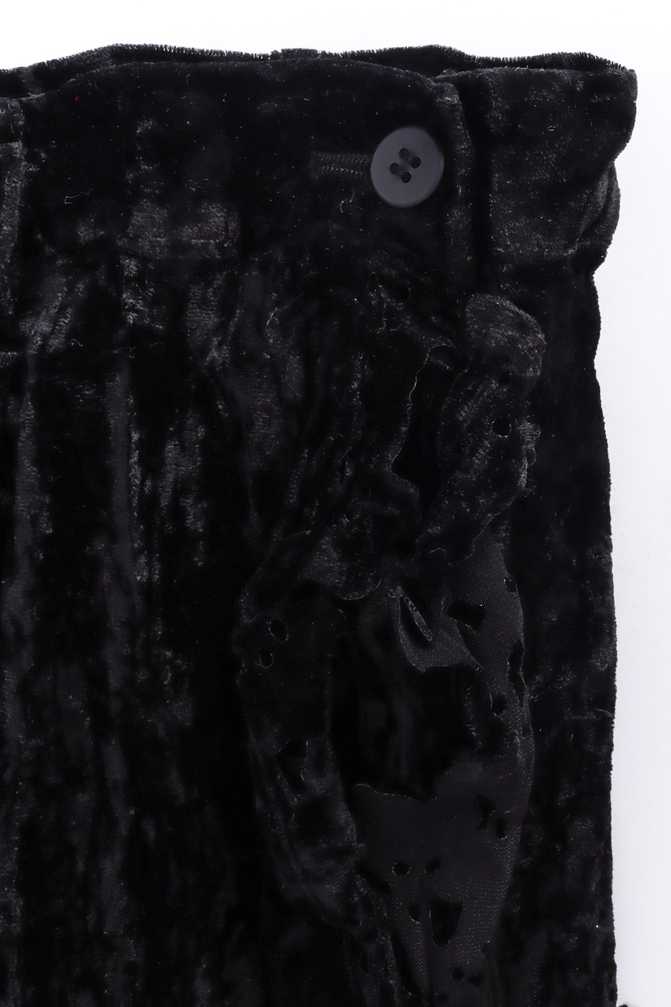 Crushed velvet midi skirt with eyelet lace by Issey Miyake Féte button closure close up @recessla