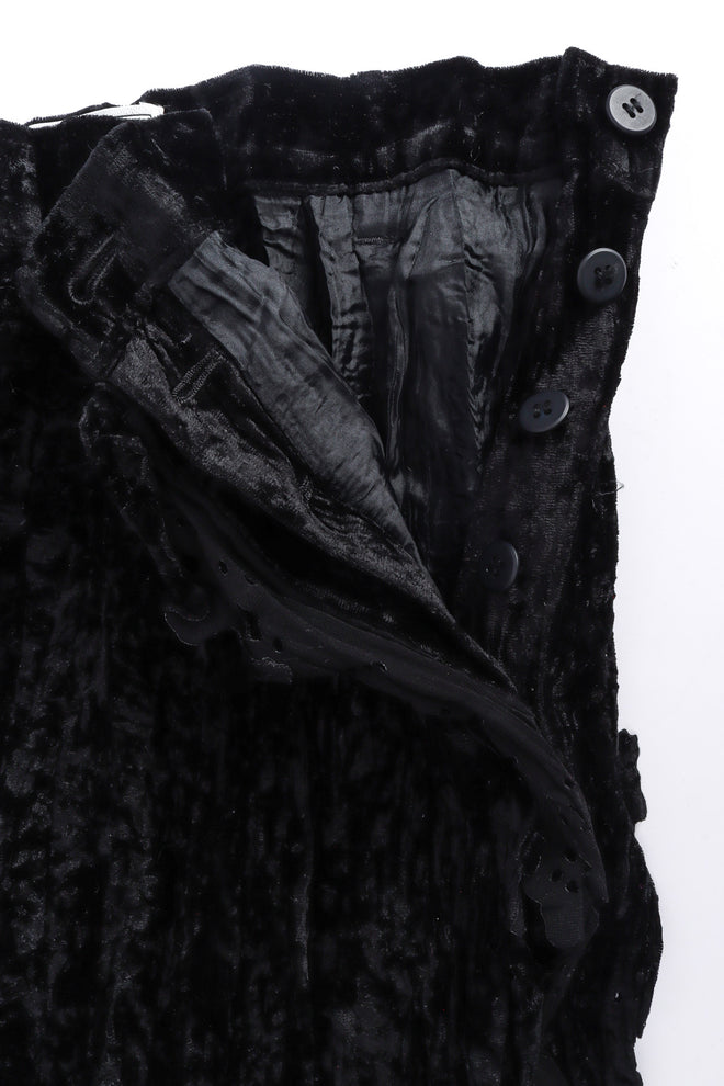 Crushed velvet midi skirt with eyelet lace by Issey Miyake Féte open button closure close up @recessla