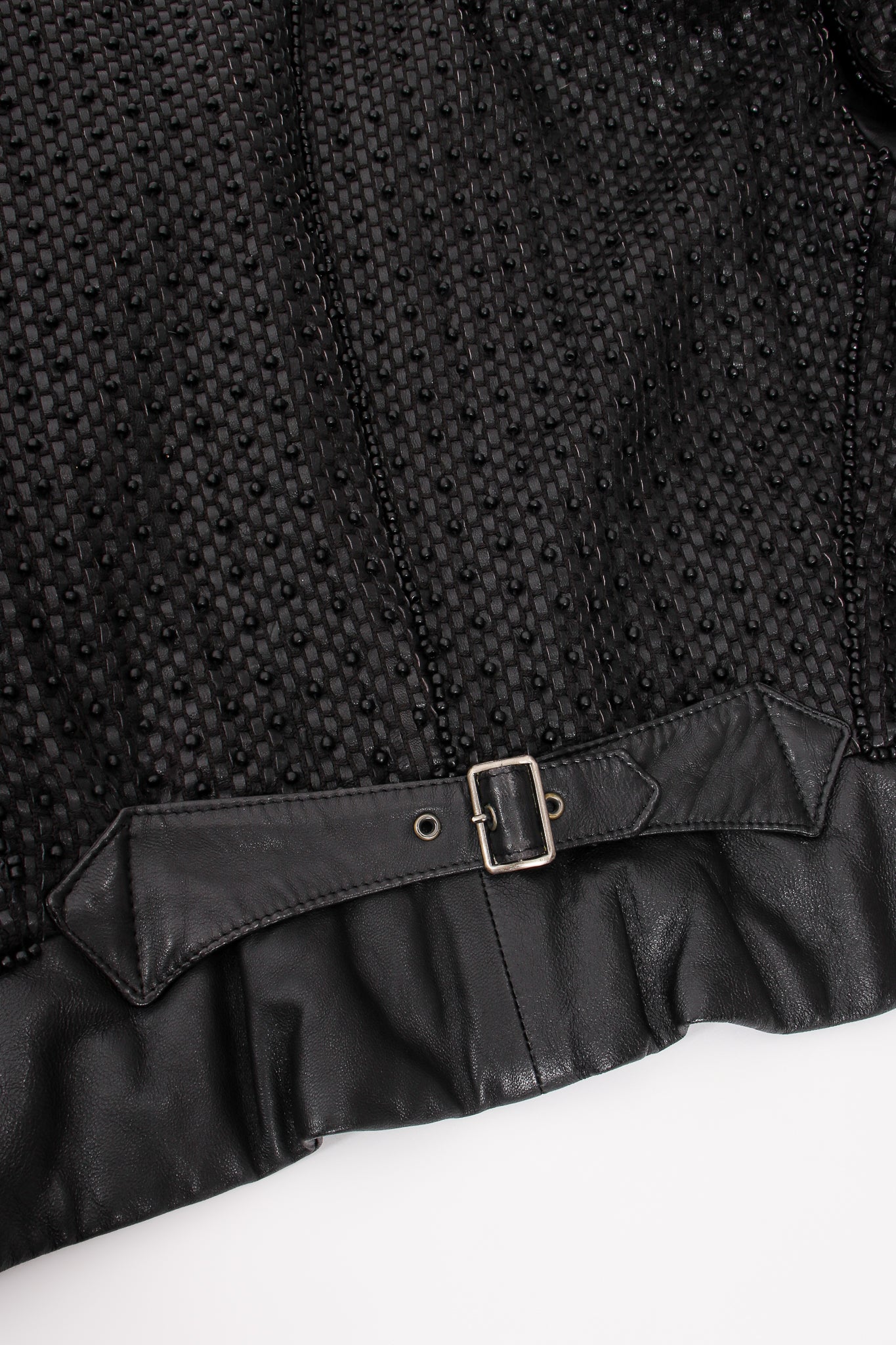 Vintage Issey Miyake Beaded Woven Leather Jacket back buckle at Recess Los Angeles