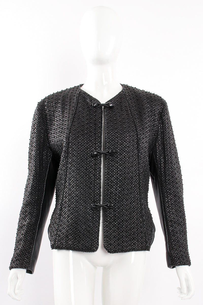 Vintage Issey Miyake Beaded Woven Leather Jacket on Mannequin front at Recess Los Angeles