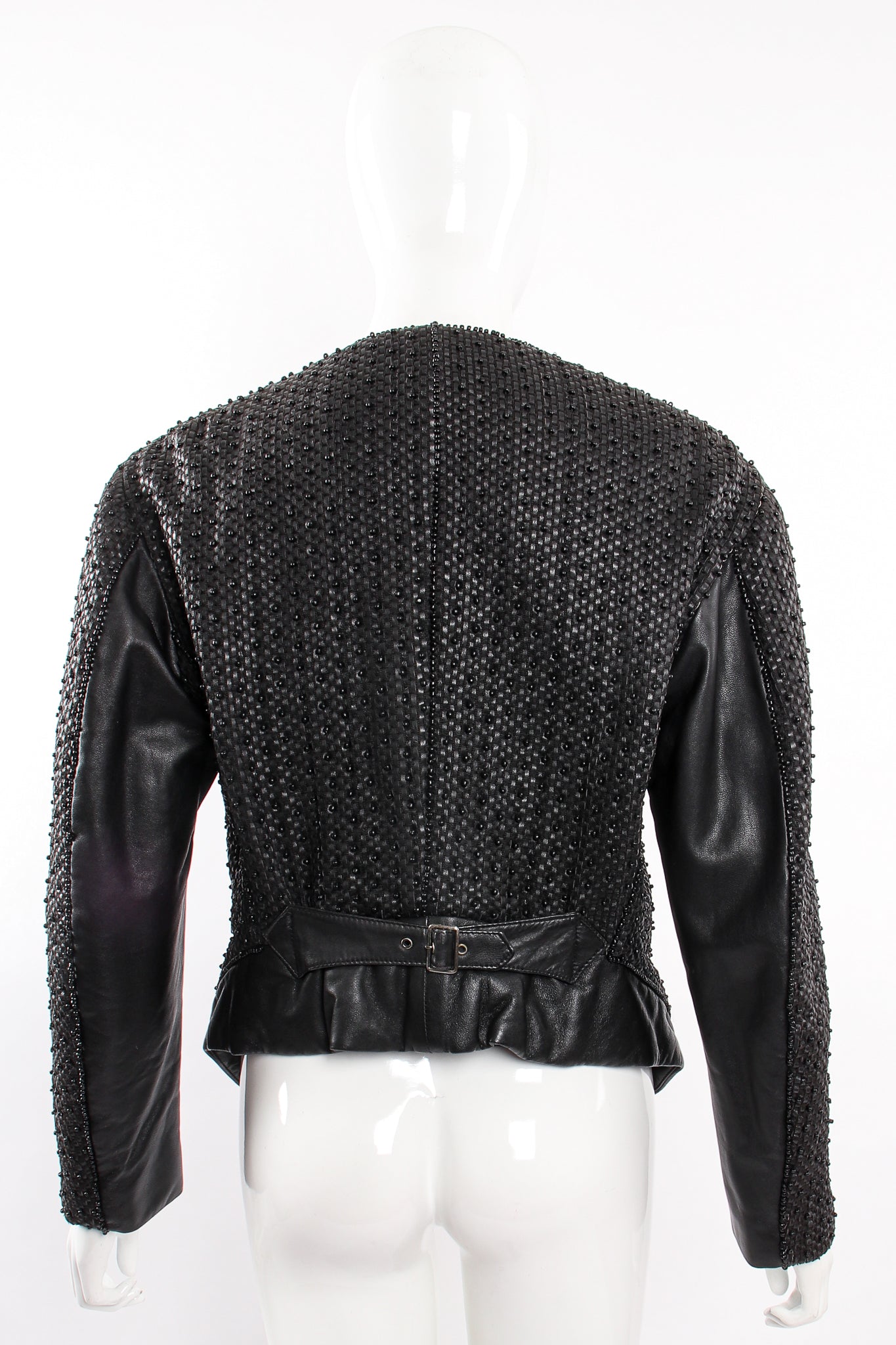 Vintage Issey Miyake Beaded Woven Leather Jacket on Mannequin back at Recess Los Angeles