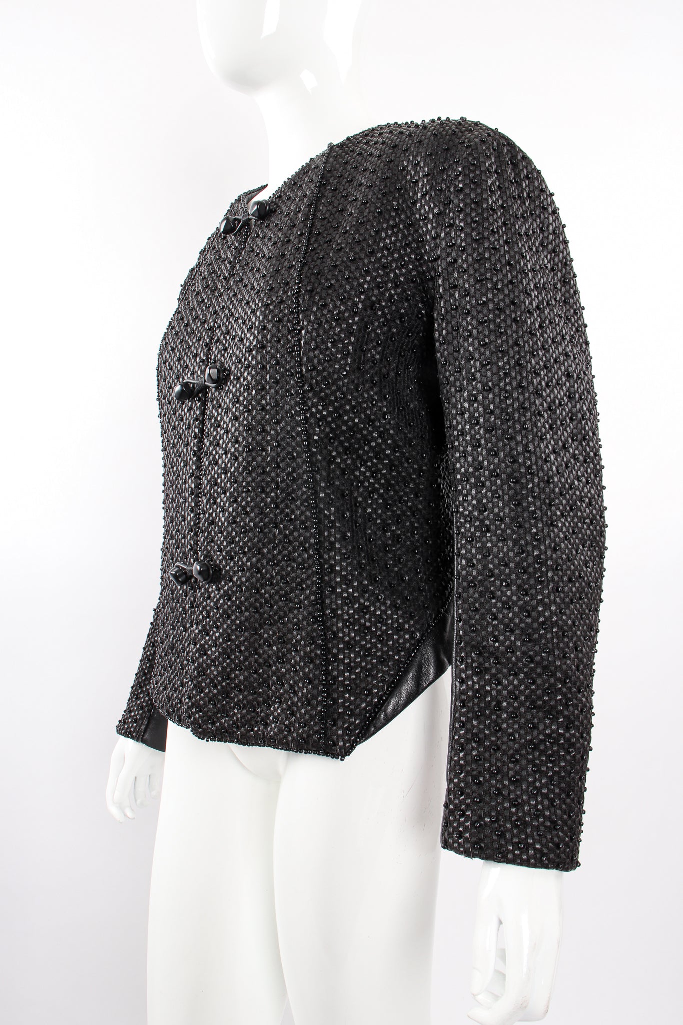 Vintage Issey Miyake Beaded Woven Leather Jacket on Mannequin angle at Recess Los Angeles