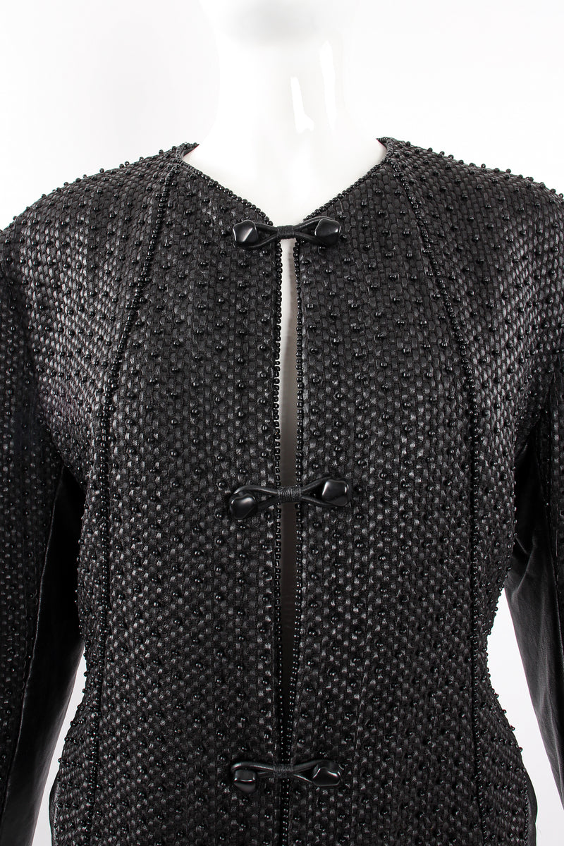 Vintage Issey Miyake Beaded Woven Leather Jacket on Mannequin crop at Recess Los Angeles