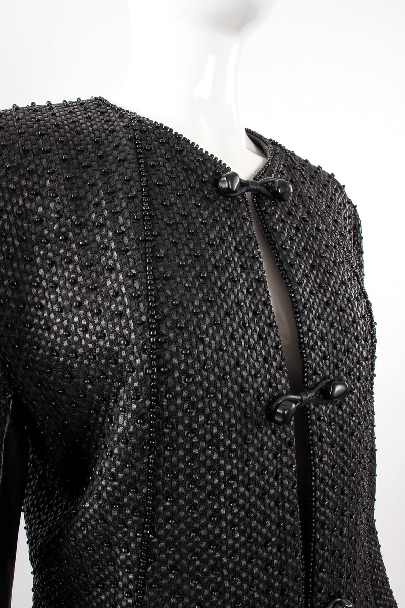 Vintage Issey Miyake Beaded Woven Leather Jacket on Mannequin crop at Recess Los Angeles