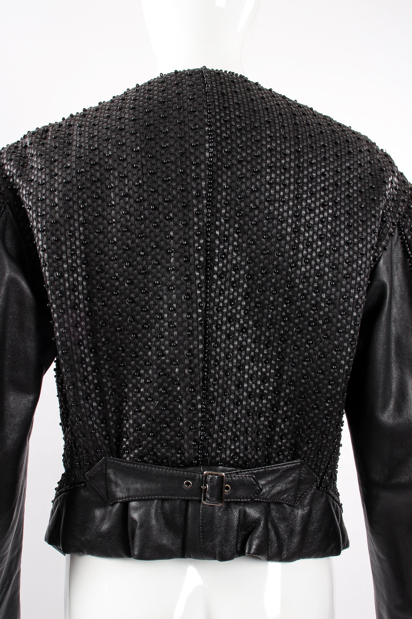 Vintage Issey Miyake Beaded Woven Leather Jacket on Mannequin back crop at Recess Los Angeles