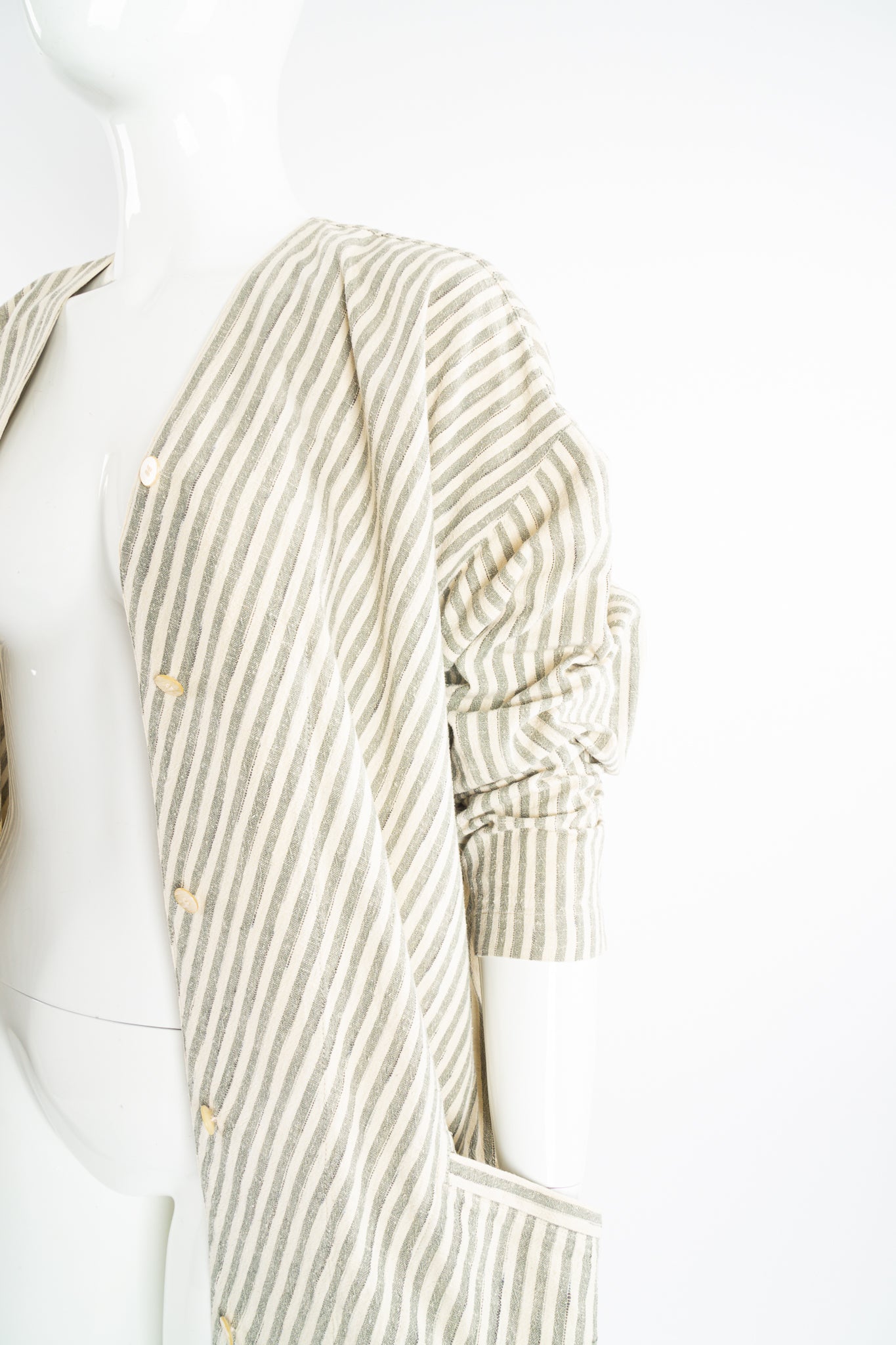 Vintage Issey Miyake Cotton Striped Duster Jacket on Mannequin pocket crop at Recess Los Angeles