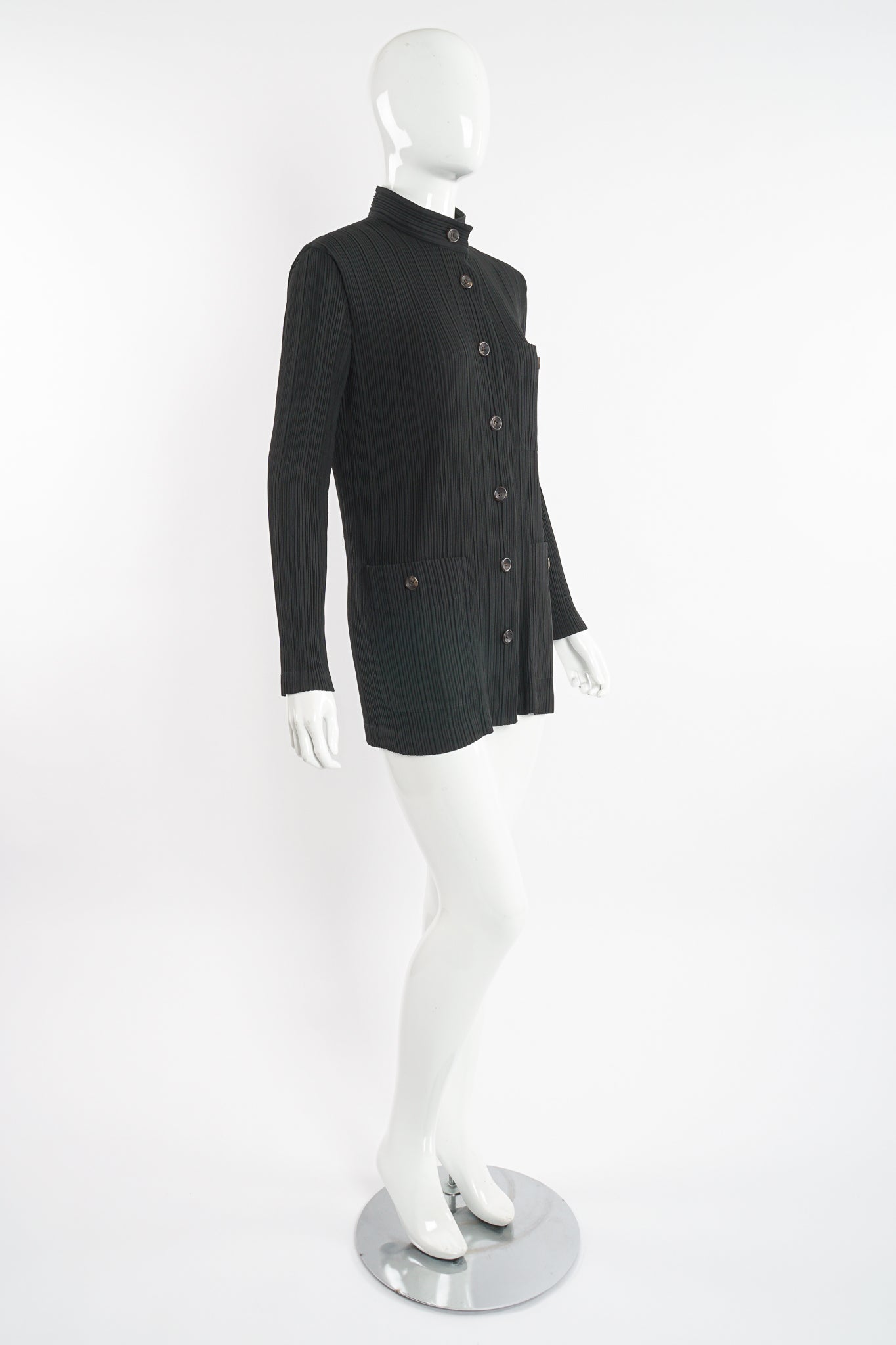 Vintage Issey Miyake Unisex Pleated Shirt Jacket on Mannequin side at Recess Los Angeles